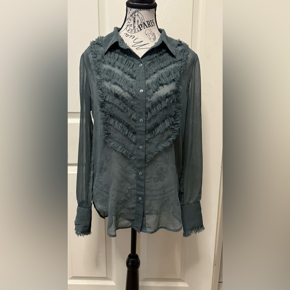 Free People Gray/Green Ruffled Bib Sheer Collar Blouse